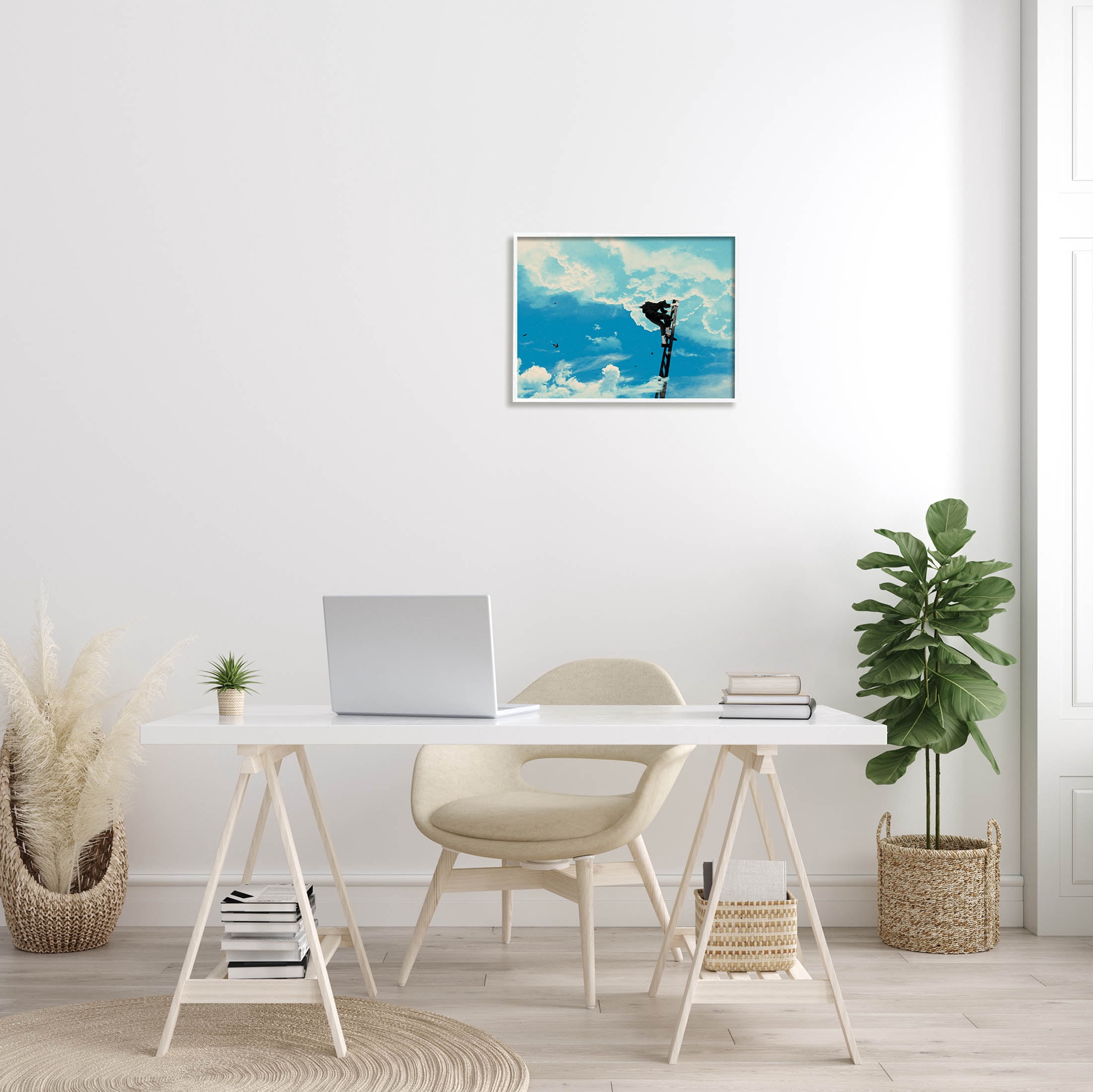 Stupell Industries Climbing Ladder Into Clouds Concept Graphic Art White Framed Art Print Wall Art, Design by Matheus Lopes Castro