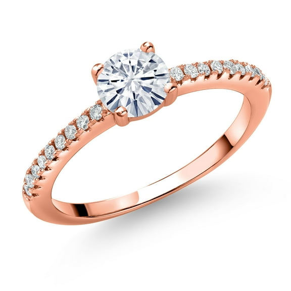 Gem Stone King 18K Rose Gold Plated Silver White Moissanite and White Lab Grown Diamond Engagement Wedding Anniversary Ring for Women (0.59 Cttw, Round 5MM, Size 7)