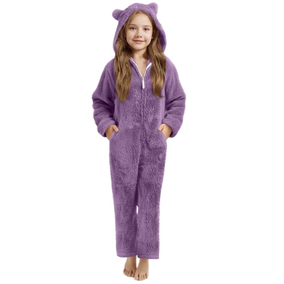 Mercatoo Kids Girl's Fuzzy Onesi𝐞 Fleece Warm Zipper Hooded Jumpsuit Sherp𝐚 Rompe𝐫 One Piece Animal Outfit Soft Plush Snowsuit Winter