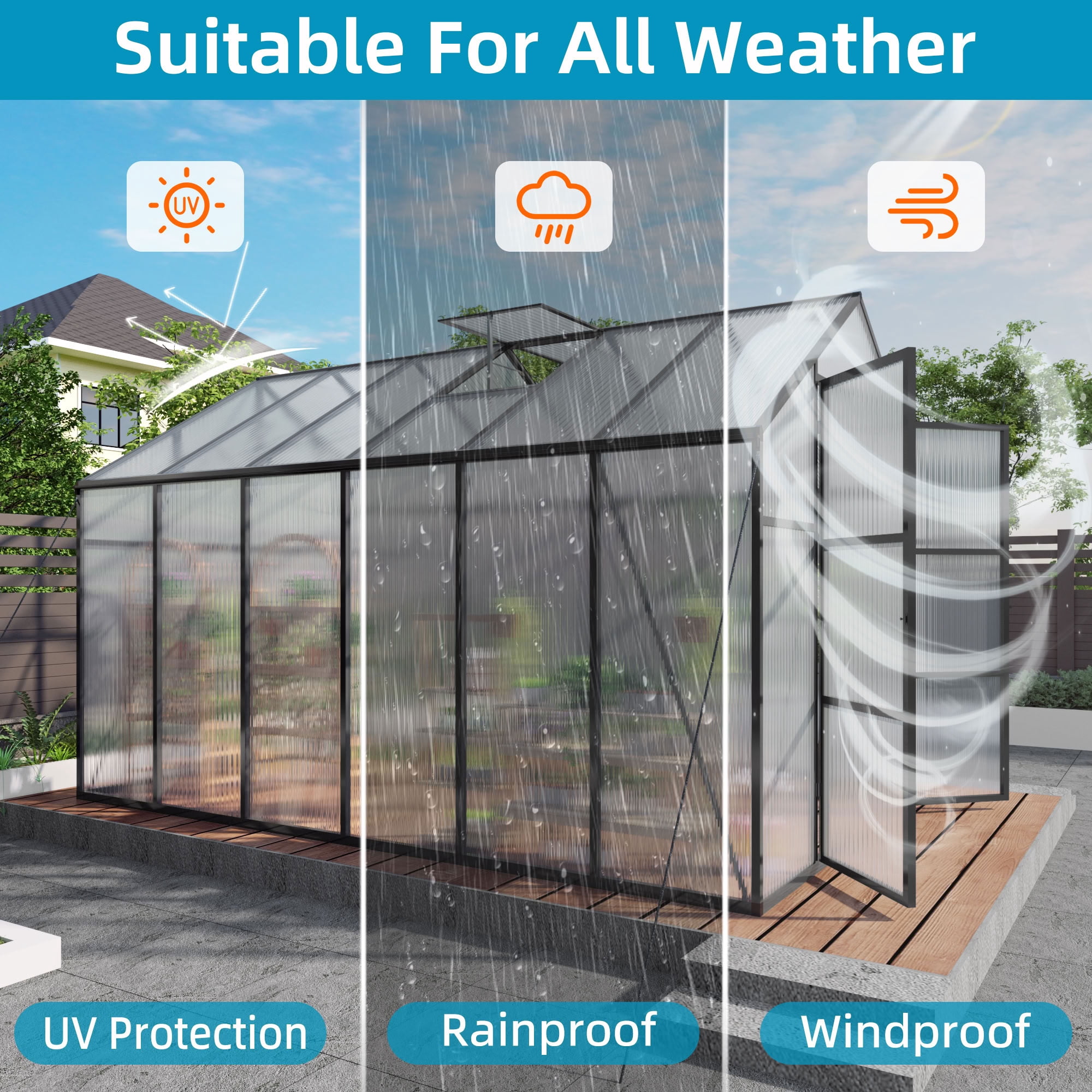 MAYEERTY 8x12 FT Walk-in Greenhouse with Raised Base & Anchors, All-Season UV-Protected Greenhouse with Drainage System for Backyard, Garden & Patio