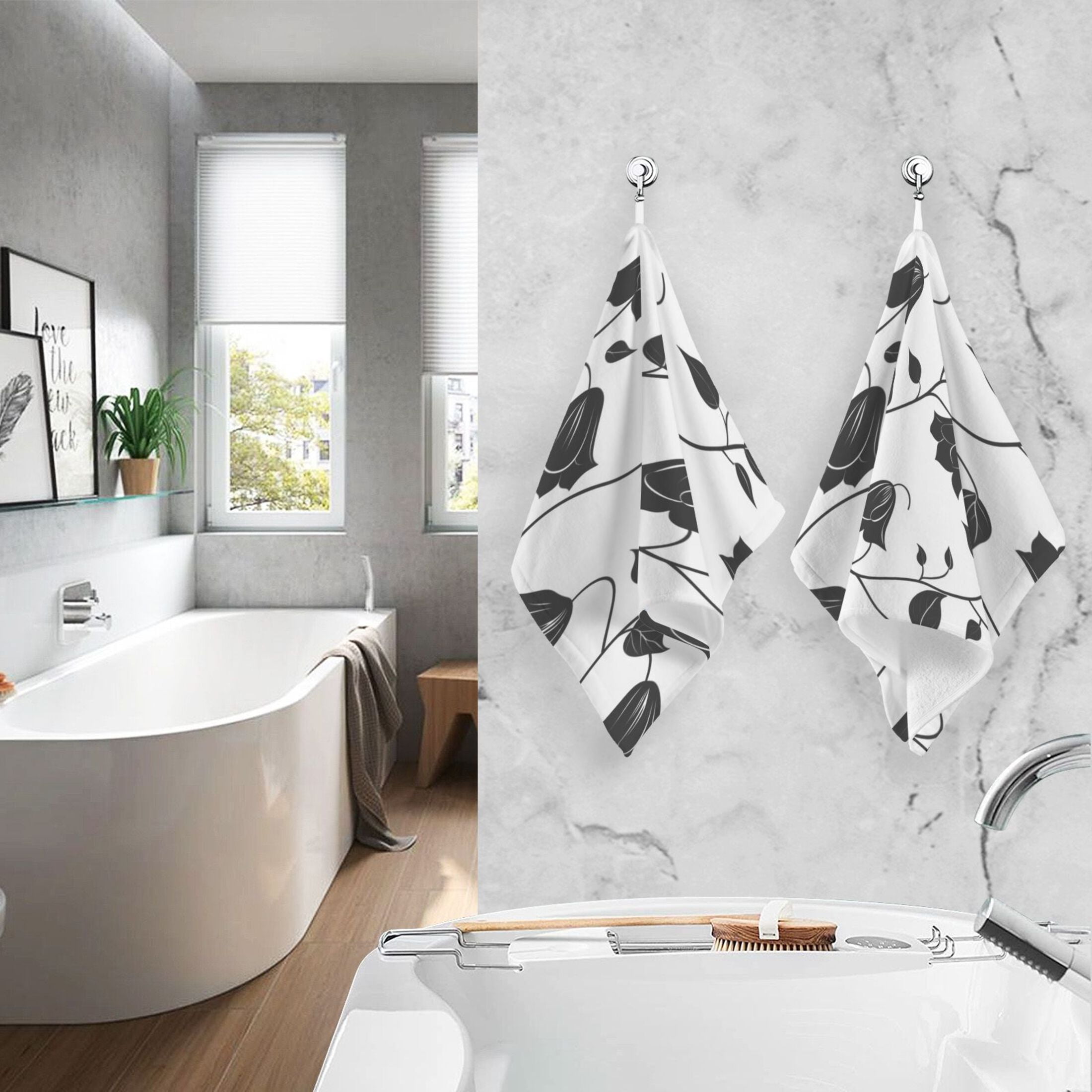 Cotton Towel Two-Piece 16x28 Inch One Sizex2 Face Towel Set Towel Set Cotton Hand Bath Towel Bathroom Beach Black Flower