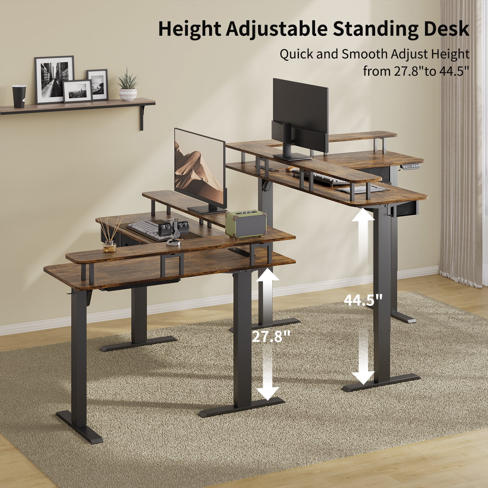 59-inch height-adjustable office desk, L-shaped electric standing desk, equipped with 4 storage drawers, featuring RGB lighting and power socket, corner computer desk, equipped with monitor stand