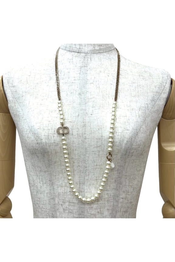Pre-Owned Christian Dior CD Logo GP Faux Pearl Chain Necklace Pendant Gold 09189 (Good)