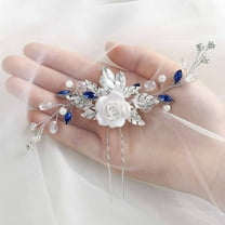 Flower Wedding Hair Pin Blue Rhinestone Bridal Hair Pieces Glitter Leaf Wedding Headpiece Pearl Crystal Hair Accessories for Brides and Bridesmaids
