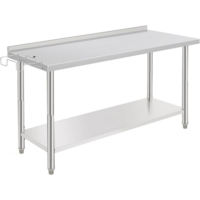 Table de Travail en Acier Inoxydable Robuste Homologuée NSF - 60x24x35 Pouces - Tablette Inférieure Réglable, Crochets pour Outils, Support à Déchets Amovible, Bord Droit, Sans Roulettes, avec Hayon