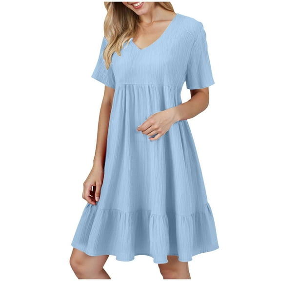 vigerkar Women's Summer Empire Waist Dress Smocked Flutter Short Sleeve V Neck Midi Dresses 2025 New Light Blue, XL