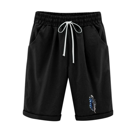 Shorts Womens Clearance Women's fashionable feather printed capris drawstring shorts