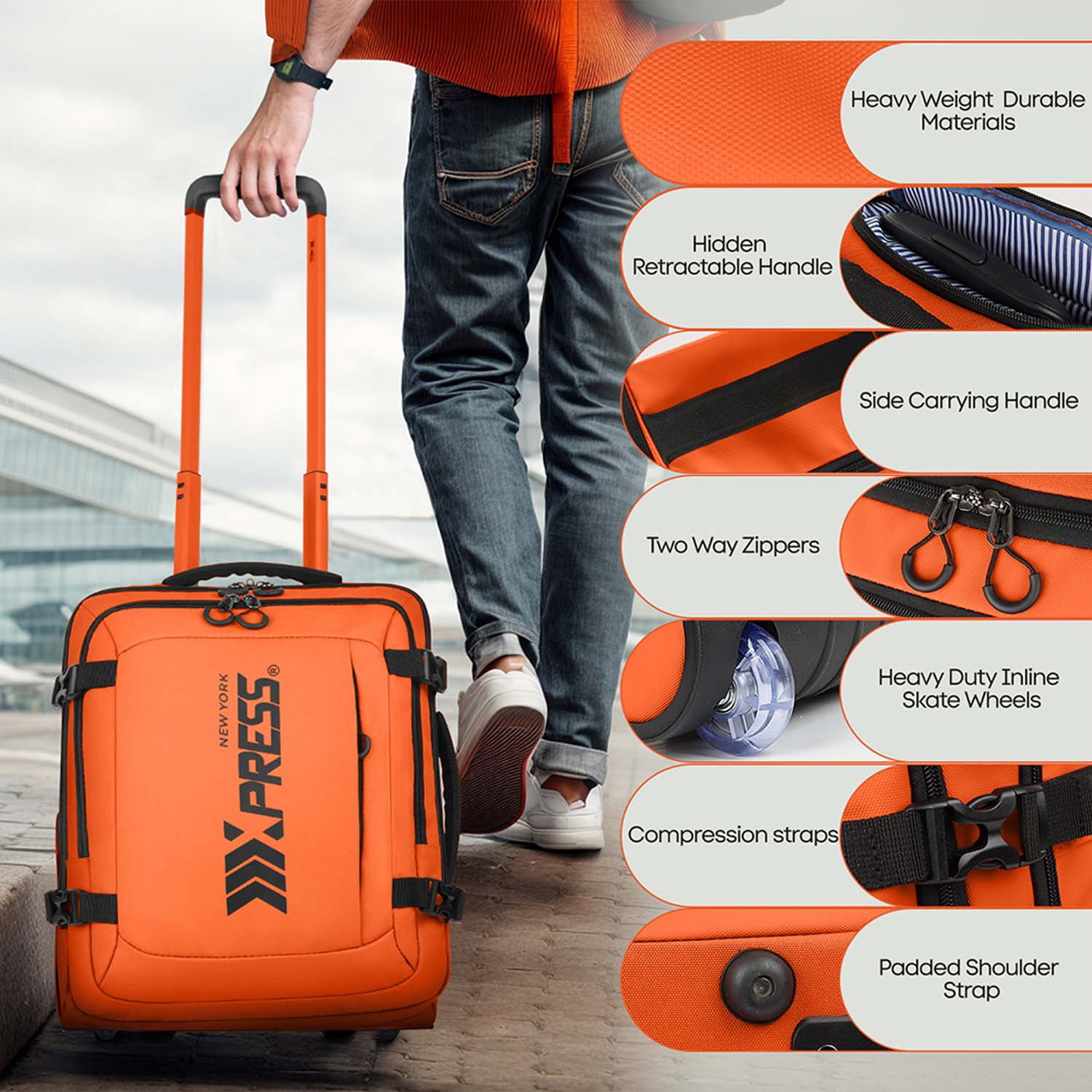 17" Underseat Carry On Luggage Airplane Approved,Water Resistant Softside Rolling Suitcase Lightweight Personal Item Travel Bag,Orange - TA069