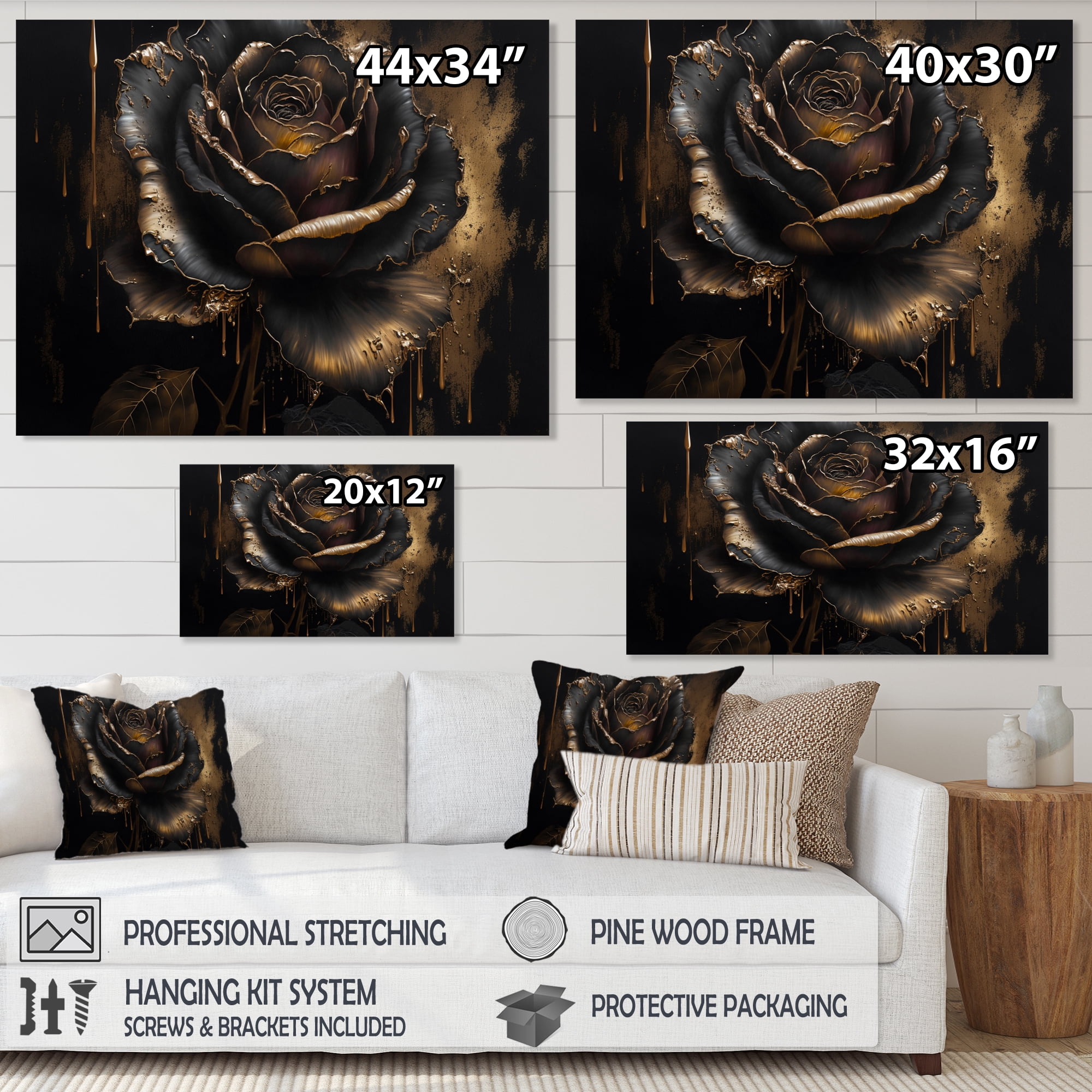 Designart Black And Gold Rose I Canvas Wall Art