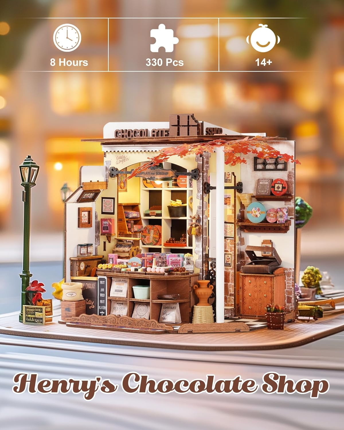 ROBOTIME Henry's Chocolate Shop DIY Miniature House Kit,Mini Wooden Dollhouse Model Building Sets,Tiny House Craft Kits Gifts for Adults Teens