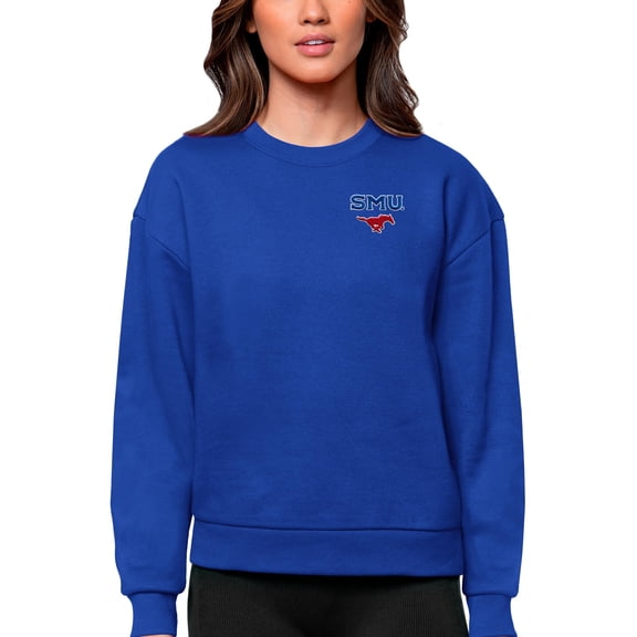 Women's Antigua Royal SMU Mustangs Logo Victory Crewneck Pullover Sweatshirt