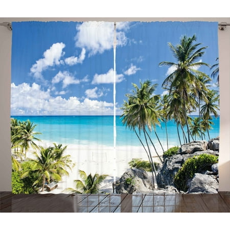 Bench Window Summer Curtains 2 Panels Set, Bottom Bay Barbados Beach Tropical Palms Ocean Holiday Paradise Coast Charm Picture, Window Drapes for Living Room Bedroom, 108W X 84L Inches, Multicolor, by Ambesonne ()