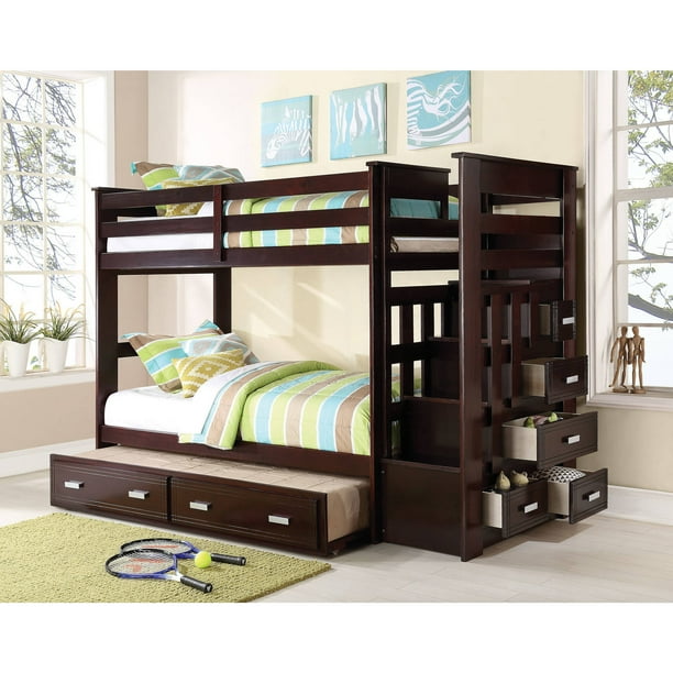 ACME Allentown Twin Over Twin Wood Bunk Bed with Storage, Espresso