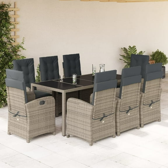 vidaXL 9 Piece Patio Dining Set with Cushions Gray Poly Rattan