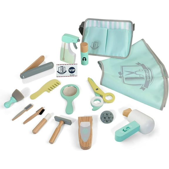 Kids Hair Salon Playset, Wooden Makeup Toy Set, Hair Styling Toys for Girls, Kids Shaving Kit for Boys, Kids Barber Playset, Gifts for 3 4 5 Year Old Girls Boys (18 PCS)