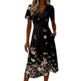 thumbnail image 5 of Minjewel Women's Floral V-Neck Short Sleeve Print Shift Mini Dress - Summer Casual Beach Outfit, Loose Flowy Party Dress, Comfy Vacation Top,Black,M, 5 of 6
