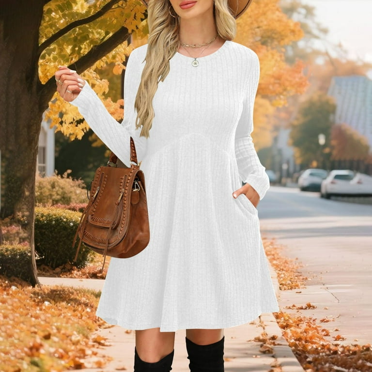 Fall Knit Sweater Dress For Women Crew Neck Knee Length Tunic Dress With  Pockets Long Sleeve Ribbed Knit Midi Dress A-Line Dress - Walmart.com
