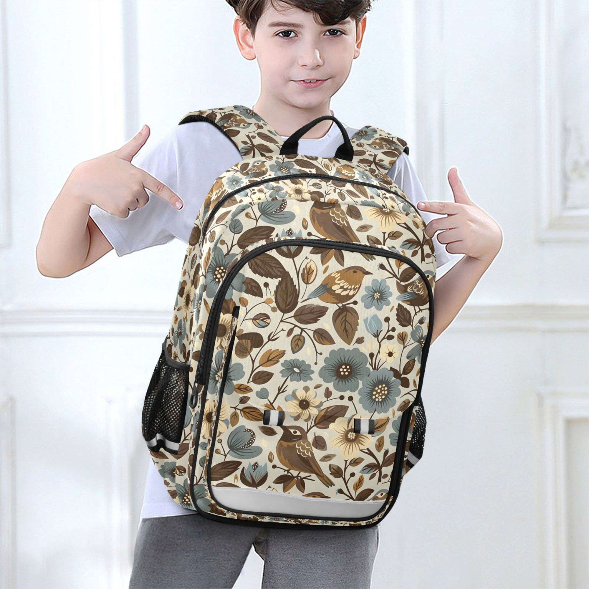 Mochila escolar unisex de 17", casual, para viajes, con bolsillos, estampado floral de pájaro marrón 6