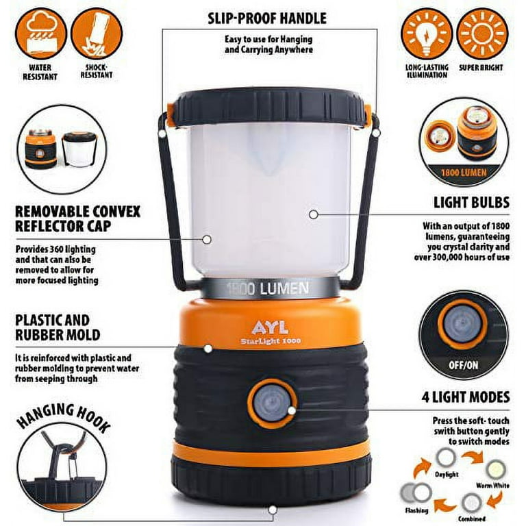 LED Camping Lantern, Battery Powered LED 1800LM, 4 Camping Lights