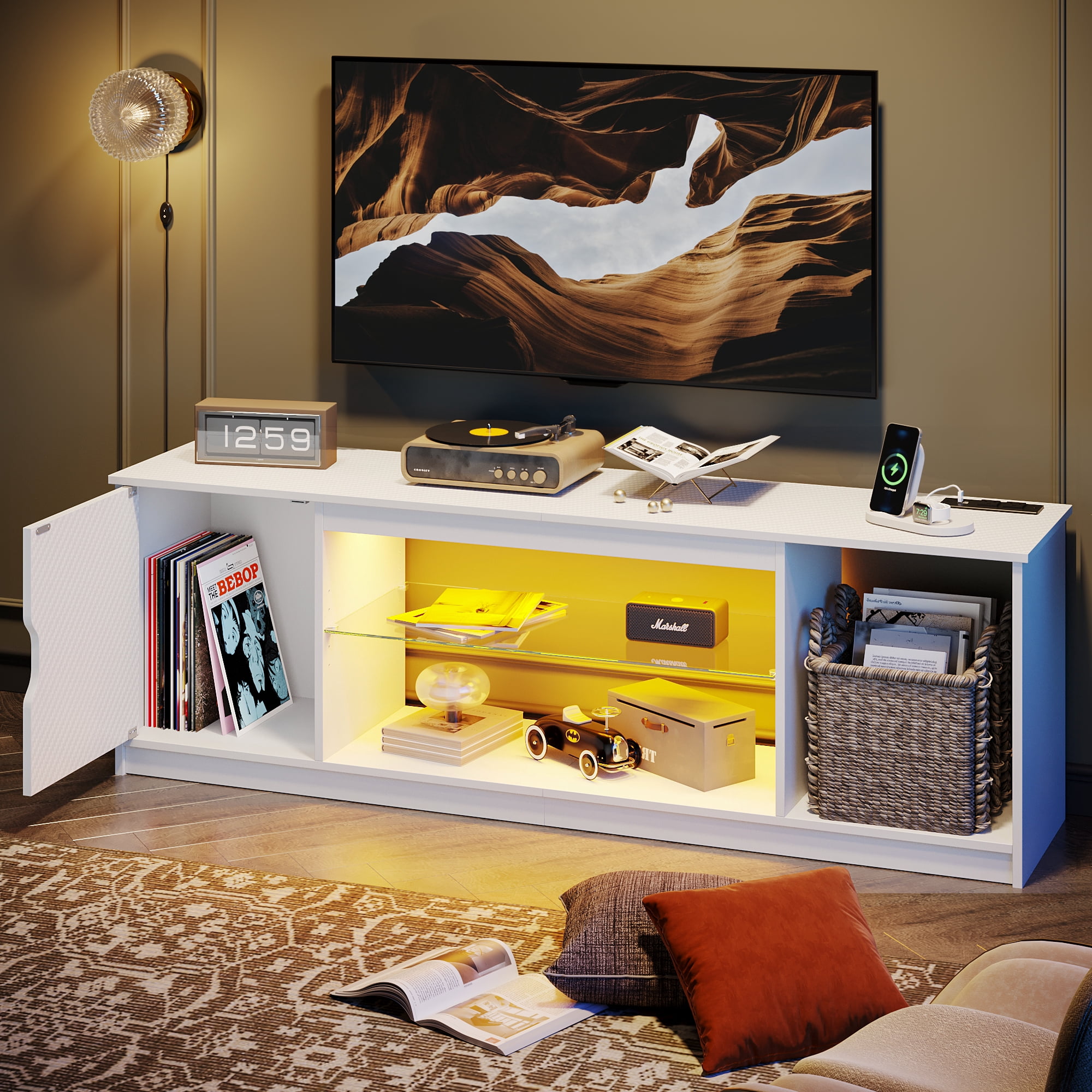 Bestier LED TV Stand for TVs up to 65", Entertainment Center with Power Outlet & Storage Cabinet, White