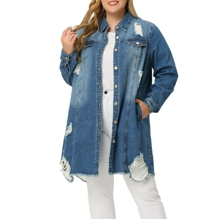 Agnes Orinda Jean Jacket for Women Plus Size Distressed Long Sleeve Oversized Denim Trucker Jackets Coat 1X Dark Blue