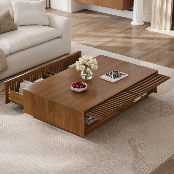 MIDOQIN Solid Wood Coffee Table, Farmhouse Rectangular Low Profile Center Table with with Hidden Storage Drawers and Slatted Front for Living Room, Walnut