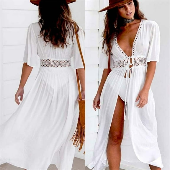 3XL Plus Size Beach Long Maxi Dress Women Bikini Cover Up Tunic Pareo White V Neck Dress Robe Swimwear Bathing Suit Beachwear XHY