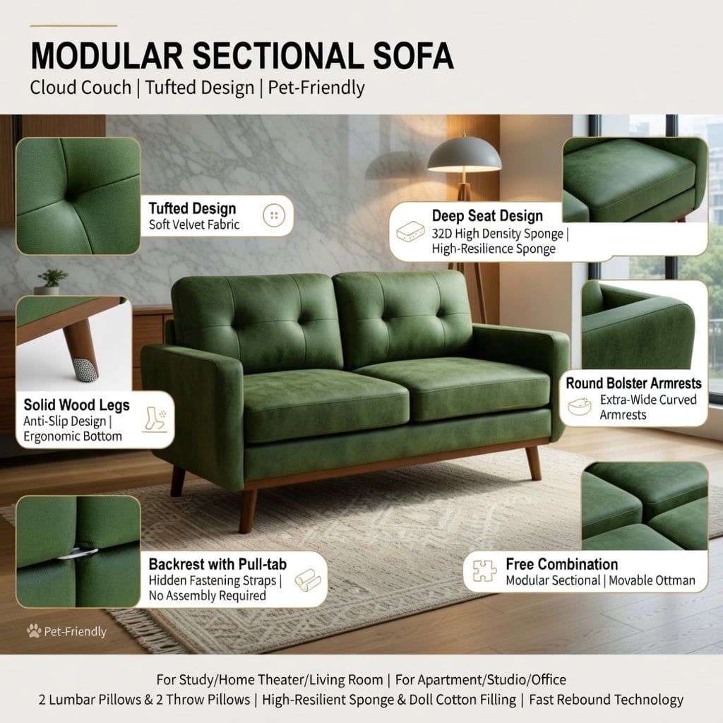 Hommoo 65" Mid-Century Modern Two-Seater Sofa, Breathable Polyester Fabric, Solid Wood Legs, Tool-Free Assembly, Olive Green