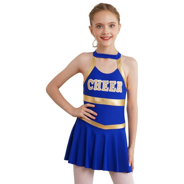 Moggemol Uniforme de Cheerleader pour Filles, Dos Creux, Robe Justaucorps de Danse Cheerleading Bleu Royal 12