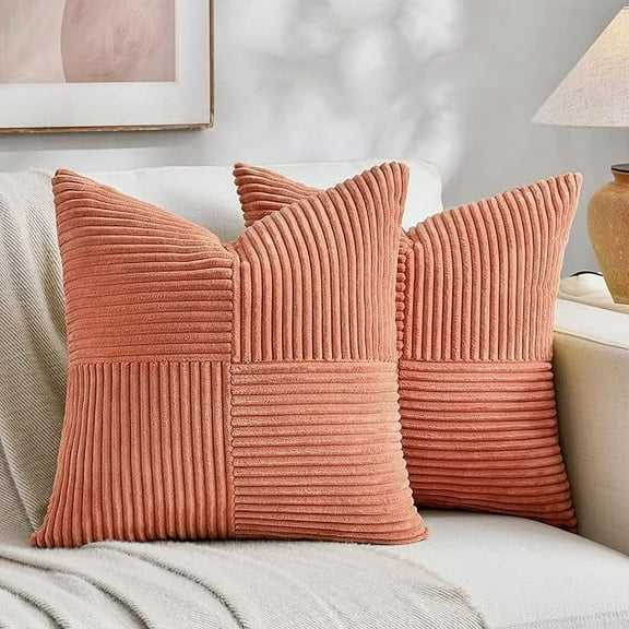 2 Packs Coral Decorative Throw Pillow Covers 18x18 Inch for Living Room Couch Bed, Rustic Farmhouse Boho Home Decor, Soft Corss Corduroy Patchwork Textured Peach Cushion Case 45x45 cm