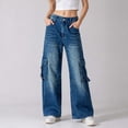 thumbnail image 5 of Women's Cargo Wide Leg Jeans with Pockets High Waist Button Closure Baggy Denim Pants Y2K Casual Vintage Washed Jeans Fashion Bottoms Dark Blue, 5 of 6