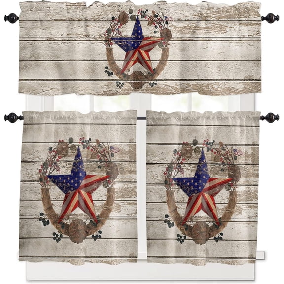 Country Star Live Laugh Love 3 Piece Kitchen Curtains Tiers and Valances Set, Rustic Berries Pine Cones Red Plaid Rod Pocket Short Window Treatment Tiers Curtains Panel and Valance for Cafe Bathroom