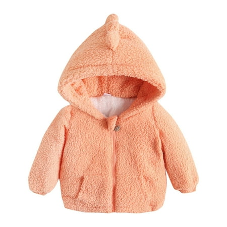 

BIZIZA Coat for Infant Solid Color Fleece Hooded Dinosaur Zip Up Long Sleeve Tops 6M-3Y Chlid Baby Orange 100