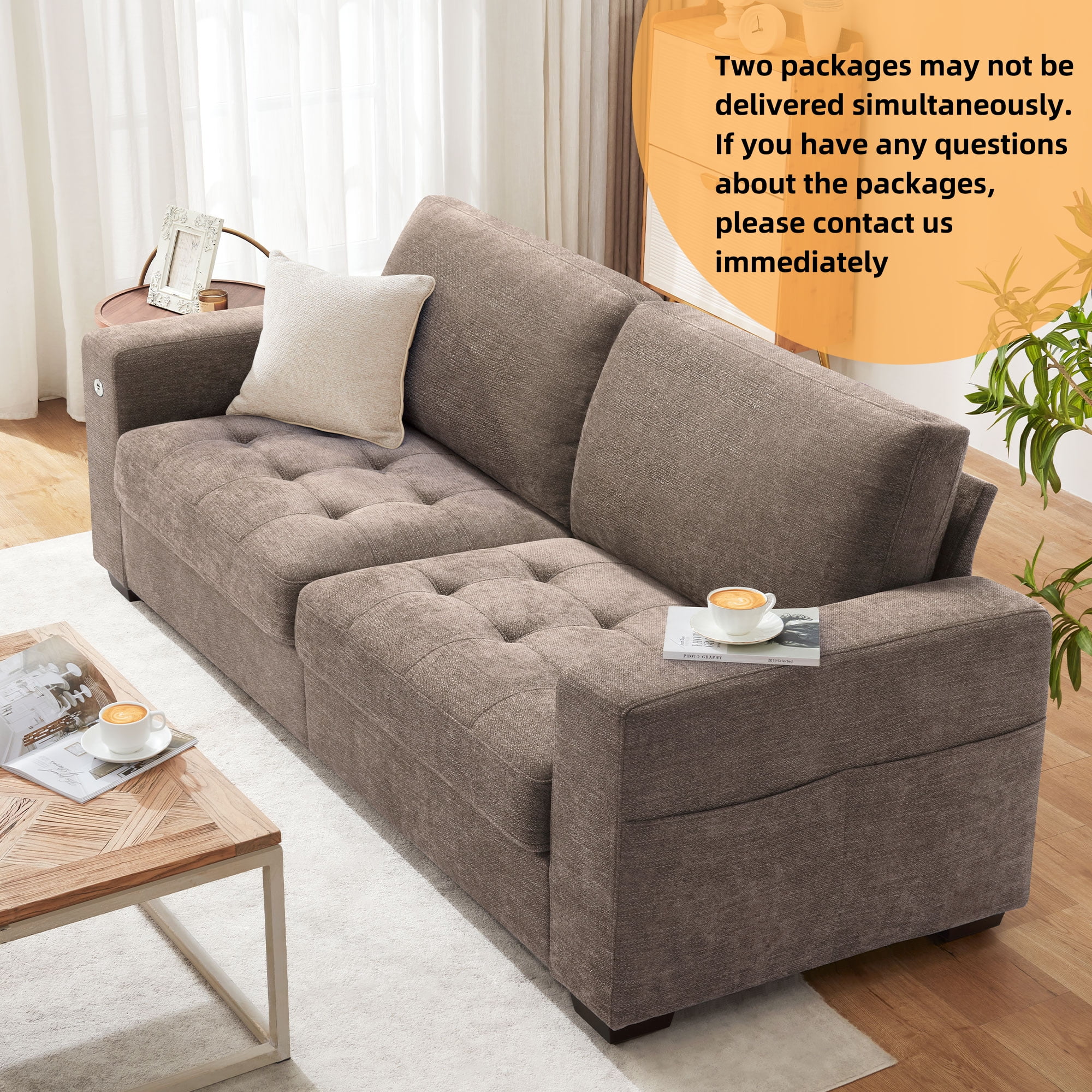 Bedluxury 89" Deep Sofa Couch with USB/Type-C Charging, Storage Pocket & Wide Armrest, Removable Cover, Seats 3 Adults, Chenille Brown