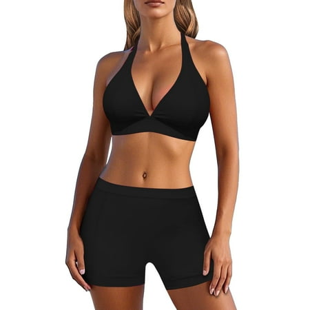 Womens 2 Piece Swimsuits Solid Color Beach Gathering Sports Separates Bikini Set Black Bathing Suit For Women M