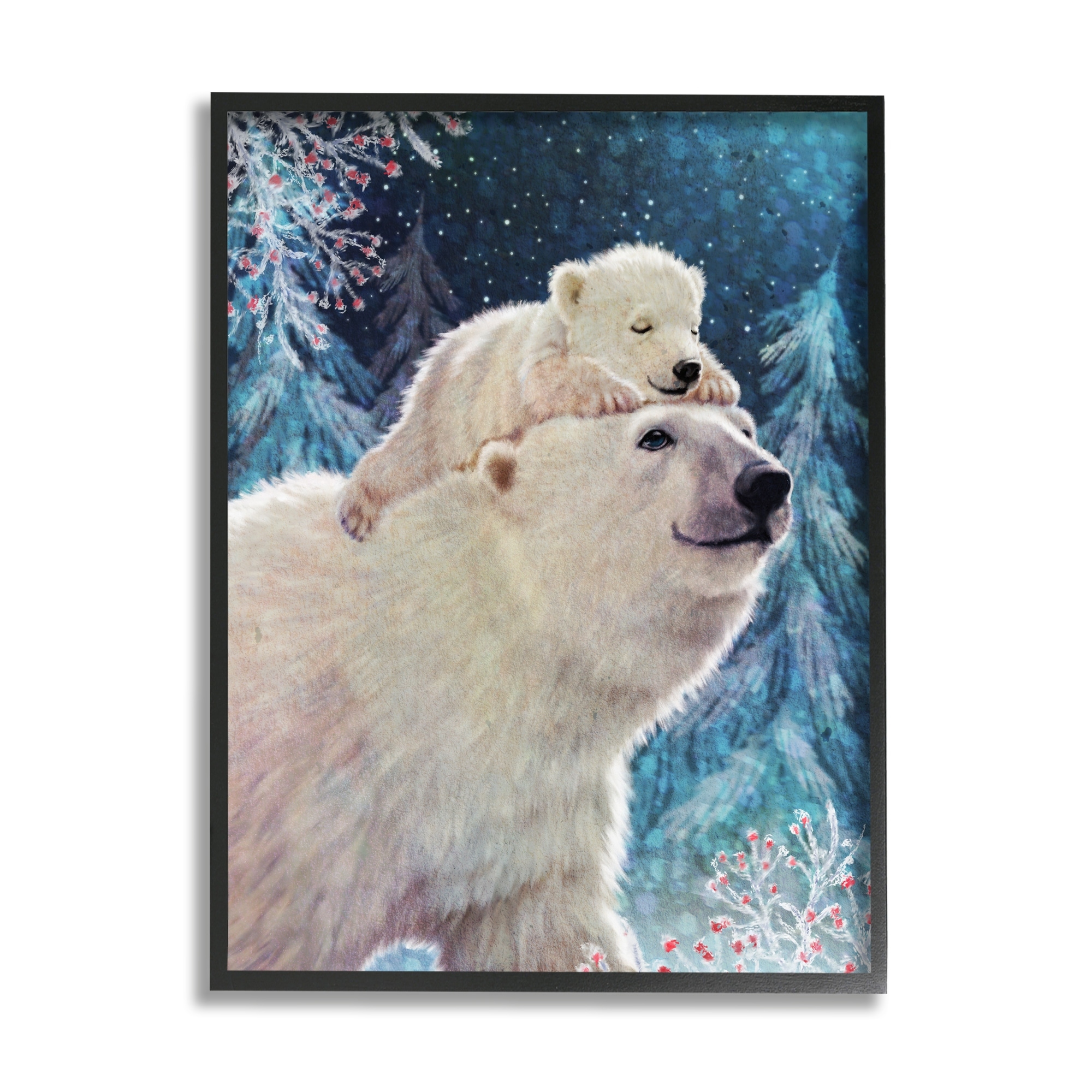 Stupell Industries Polar Bear & Cub Winter Scene Holiday Painting Black Framed Art Print Wall Art
