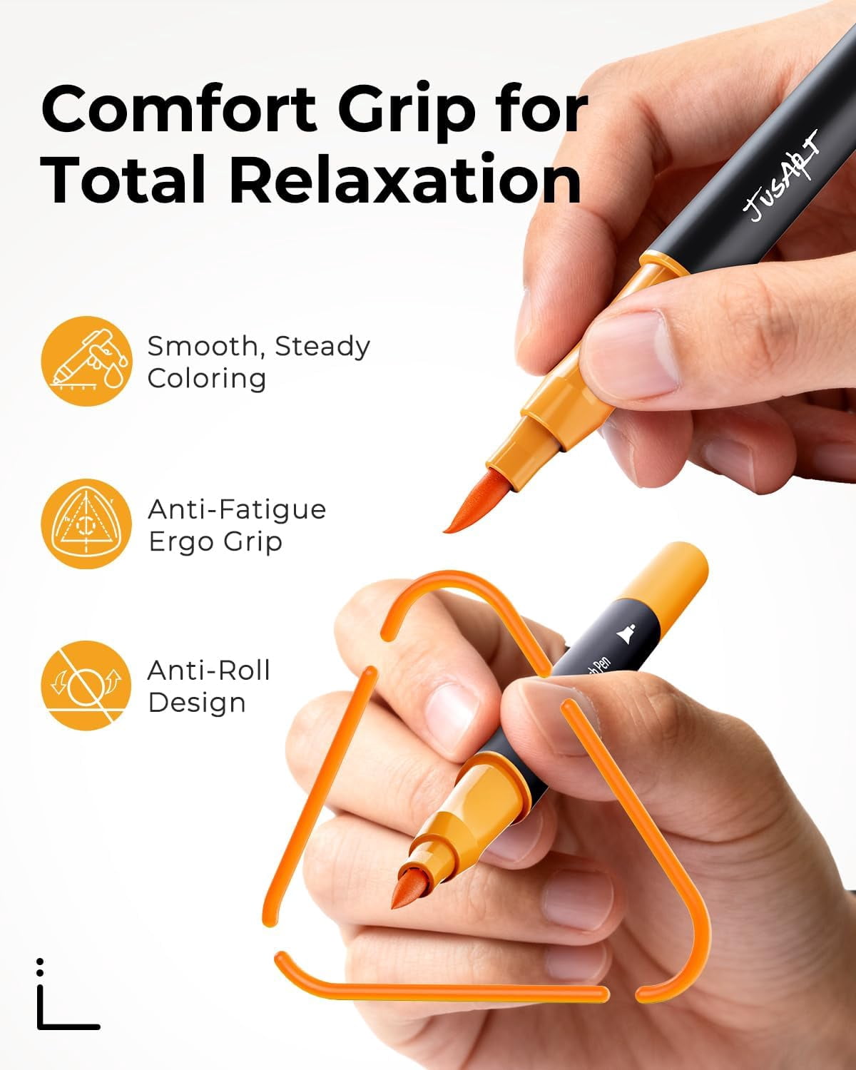 JusArt Markers for Adult Coloring Books No Bleeding, 100 Colors Coloring Markers with Dual Tips, Fine & Brush Pens with Ergonomic Triangle Grip & 33% More Ink, Water-Based Art Drawing Set for Adults