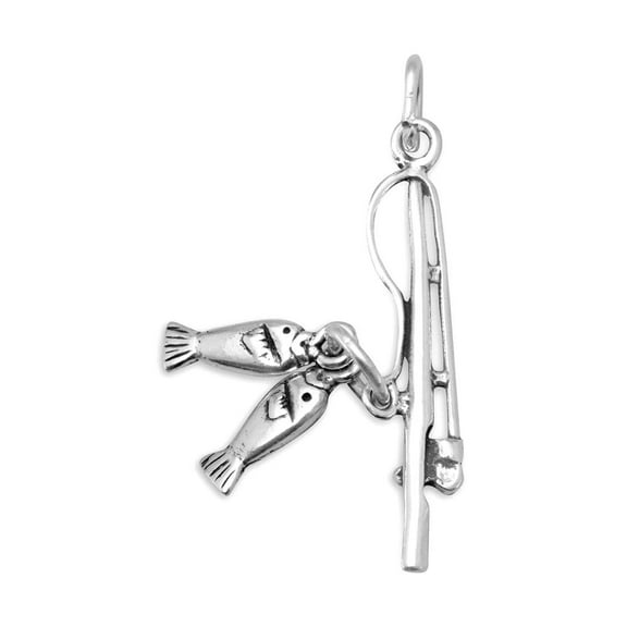 Oxidized 925 Sterling Silver Animal Sealife Fishing Pole Charm 2 Fish Charm 5.5mm X 35mm Pendant Necklace for Women