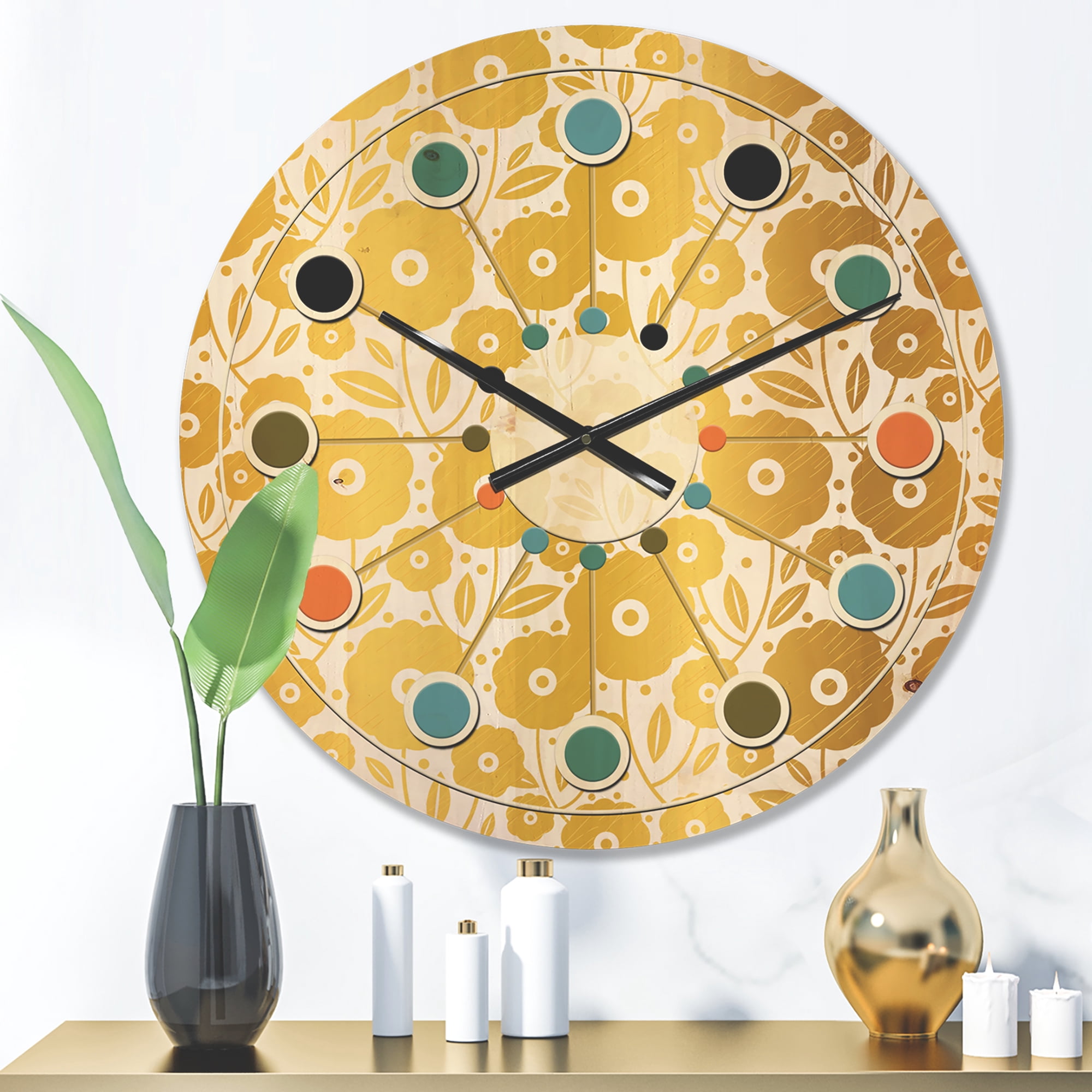 Designart 'Golden Floral Retro I ' Mid-Century Modern Wood Wall Clock