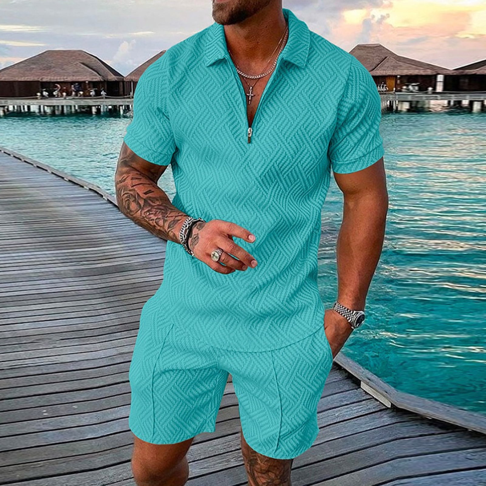 LISTHA Mens 2 Piece Zip Tracksuit Short Sleeve Print Polo