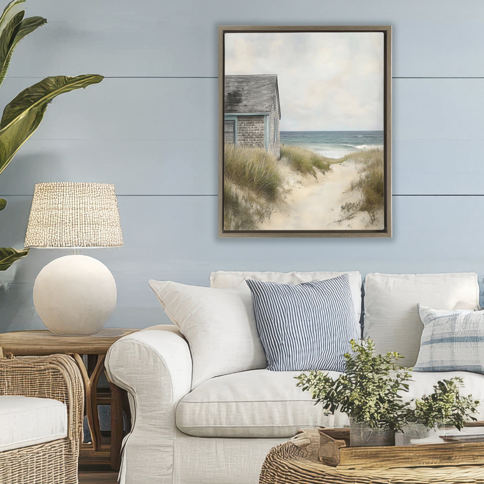 Stupell Industries Oceanfront Cottage on Dune Path Brown Framed Floater Canvas Wall Art, design by Creative Studio