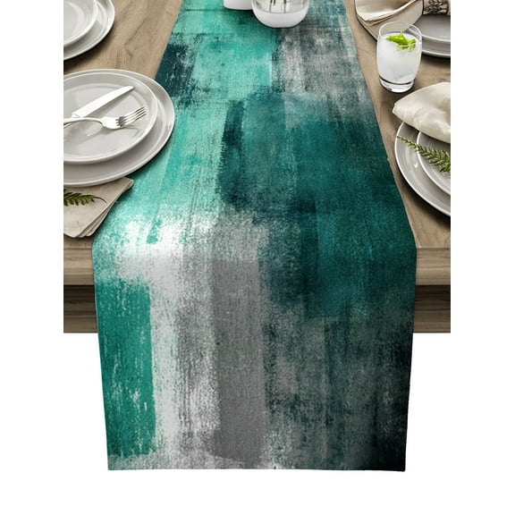 Table Runner Dresser Scarves 90 Inch Long, Modern Teal and Gray Painting Art Linen Dining Table Runners Abstract Retro Graffiti Tabletop Scarf for Wedding Holiday Party Kitchen