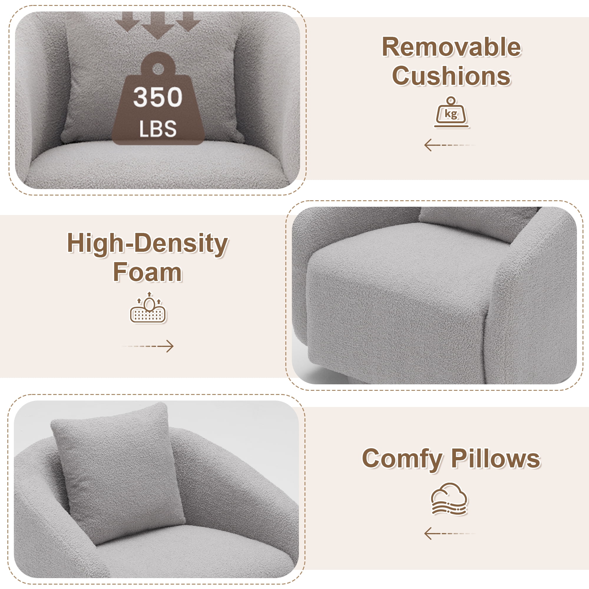 MAYEERTY 28.5" Gray Teddy 360° Swivel Barrel Accent Chair, 300LBS Solid Wood Frame Small Armchair with Pillow for Bedroom Kids Room