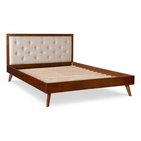 Linon Moore Mid Century Upholstered Platform Queen Bed Frame in Brown Wood