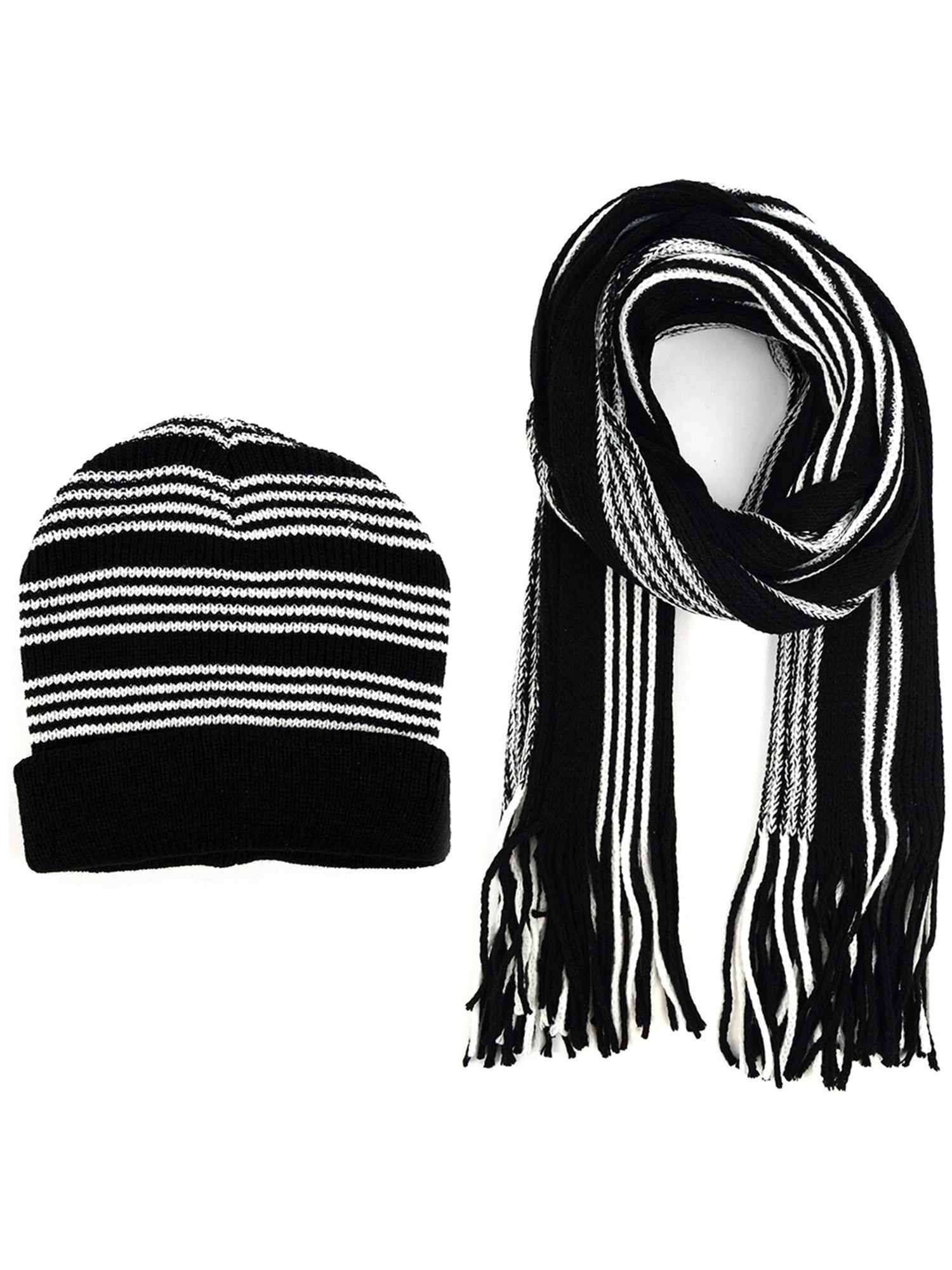 Mens Ladies Black White Striped Knitted Scarf 
