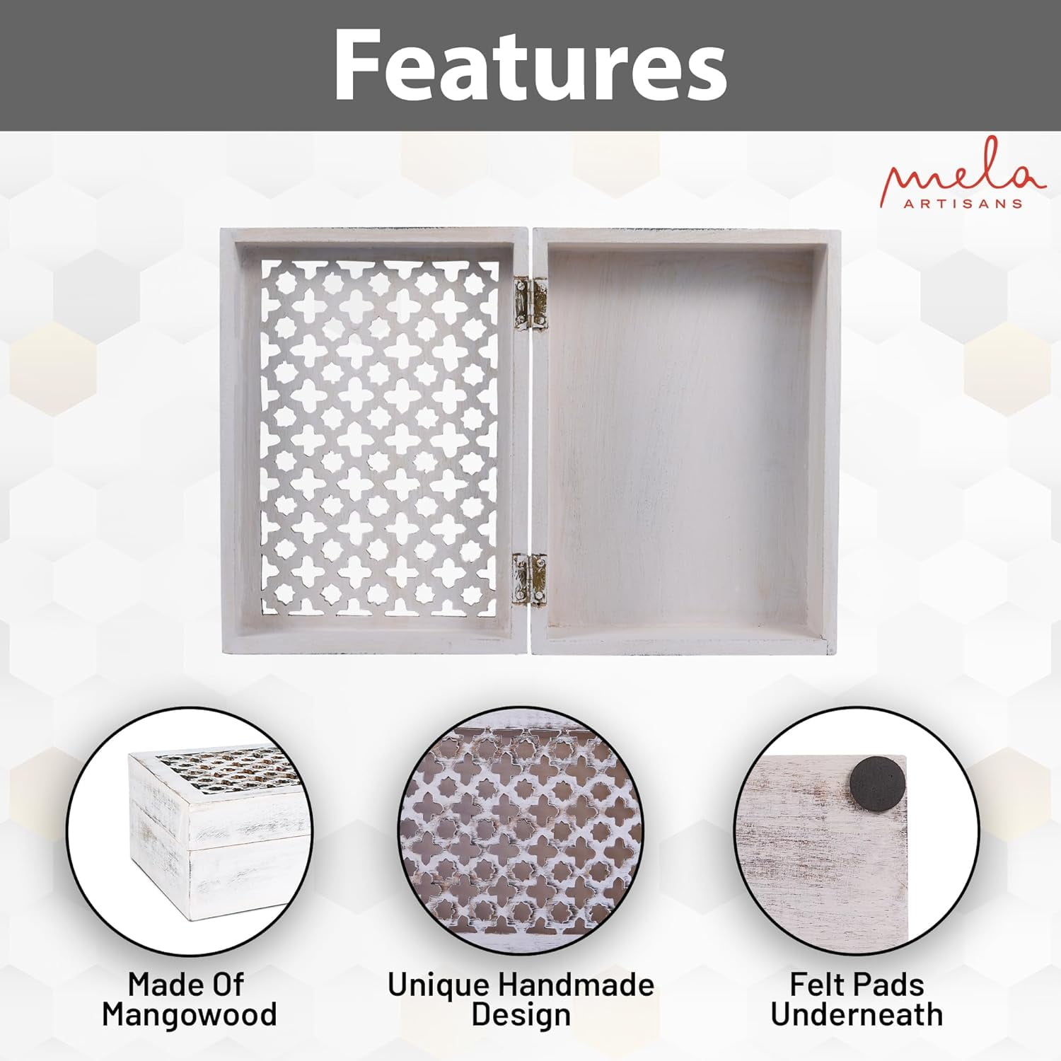 Decorative Distressed White Mango Wood Box with Lid - "Trellis" Medium Keepsake Box - Handmade Decorative Box with Lid for Use As Memory Box, Jewelry Box, Photo Storage Box, & More - 7.5"x"4.5"x3"