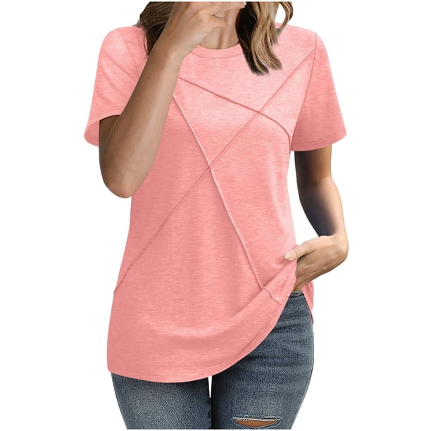 mfyjkho Tops Casuales Para Mujer, Top/Camiseta Informal De Moda Para Mujer, De Color Liso, Con Cuello Redondo Y Manga Corta Tops De Gimnasio Para Mujer L