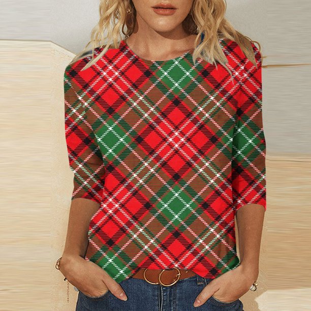 Fiudx Liquidación de Ofertas Flash Camiseta de Manga 3/4 con Cuello Redondo y Estampado Navideño para Mujer, Jersey con Cuello Redondo, Top/Camisa de Manga Larga con Cuello Redondo
