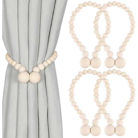 TKRADISH Magnetic Curtain Tiebacks 4 Pack, Natural Wood Bead Curtain Holdbacks, Cozy Boho Farmhouse Curtain Holders for Bedroom Living Room Decor-A