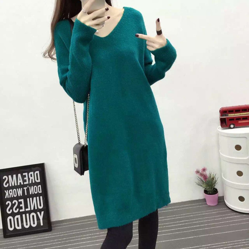Winter Autumn Casual Loose Solid Color V Neck Knitting Sweater One Piece Sweater Dress With Long Bat Wing Sleeves For Women Walmart Canada